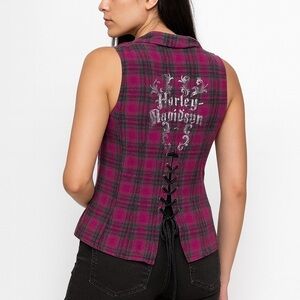 Harley  Davidson lace up back flannel vest L punk/emo aesthetic